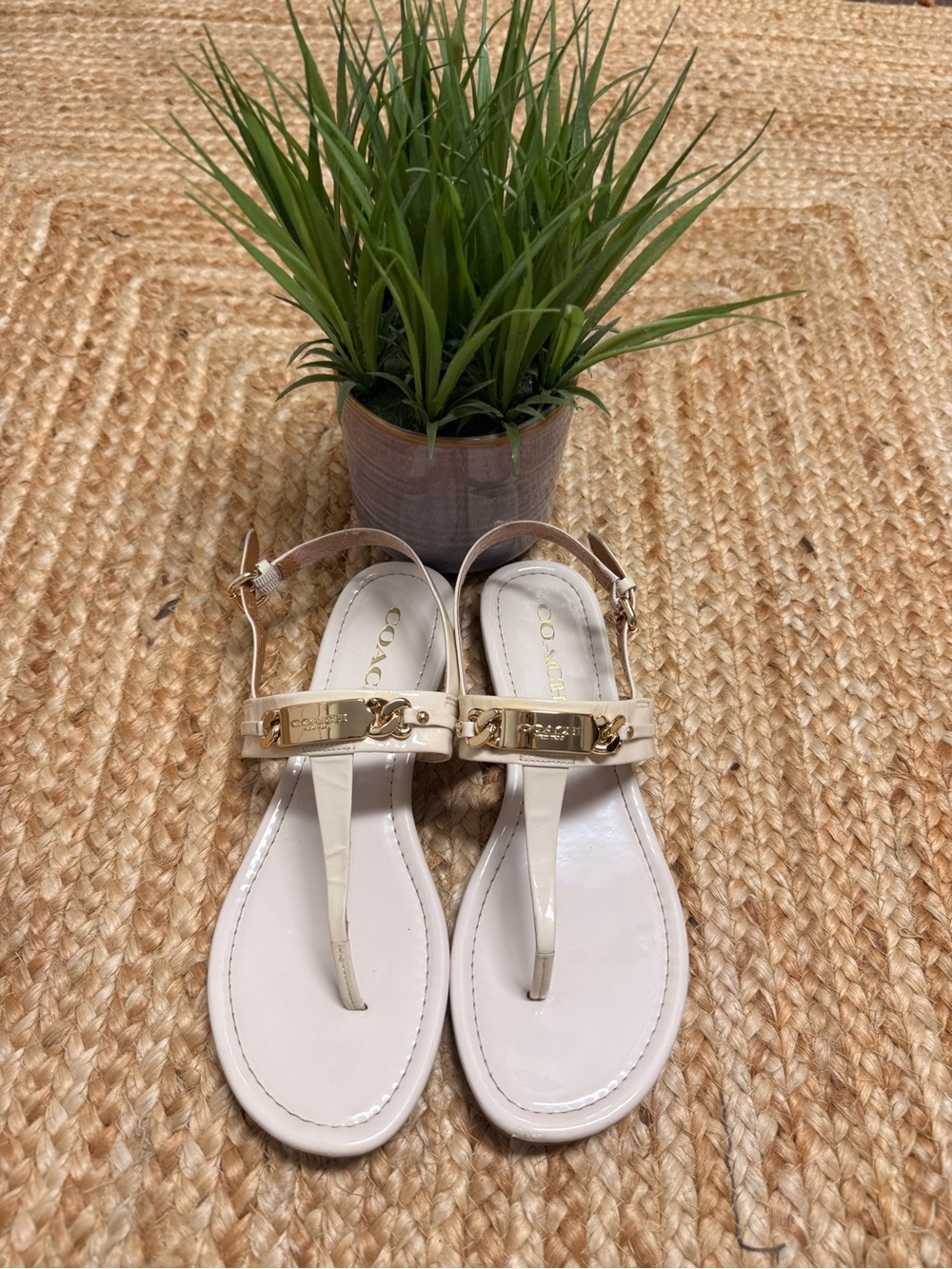 Coach White Patent T-Strap Sandals with Gold Hardware